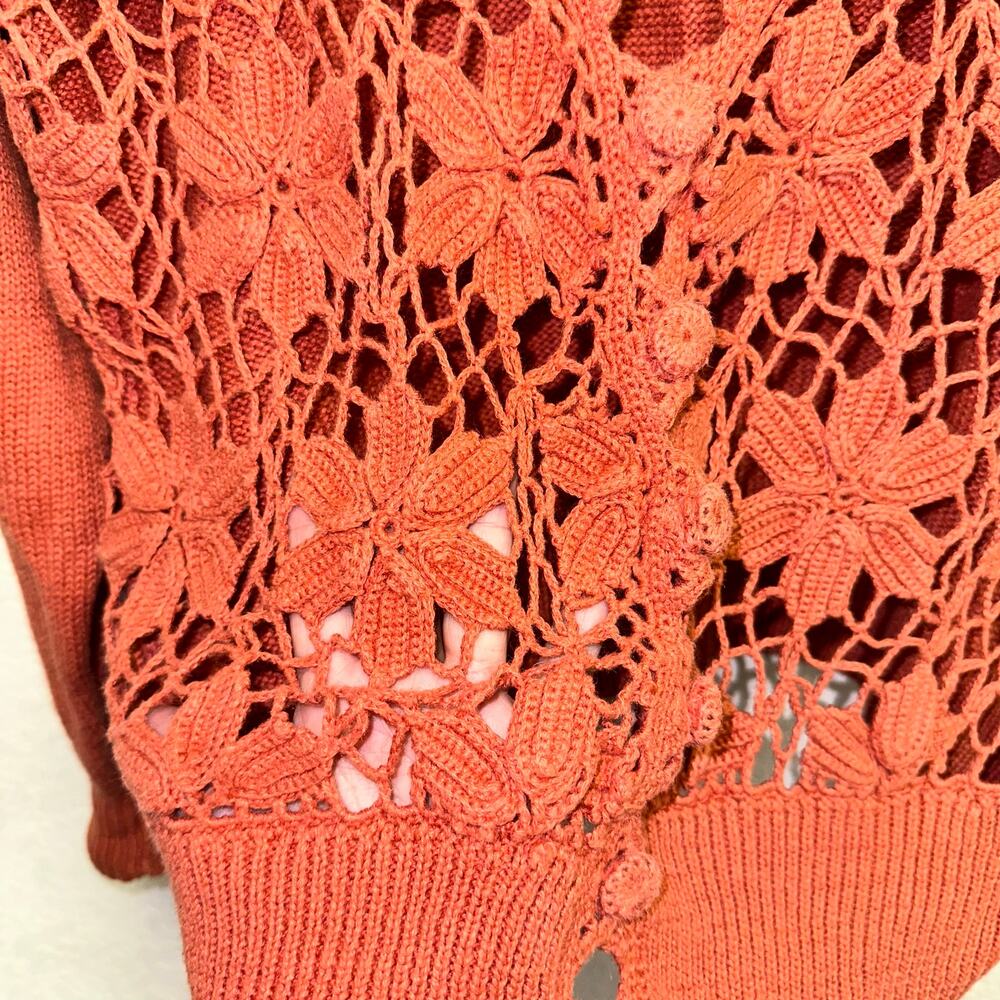 Obr Orange Rust Open Crochet Front Button Down Ca… - image 3